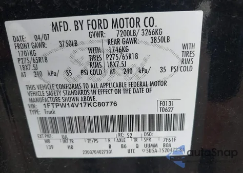 2007 Ford F150 Supercrew from USA, damaged, VIN 1FTPW14V17KC80776